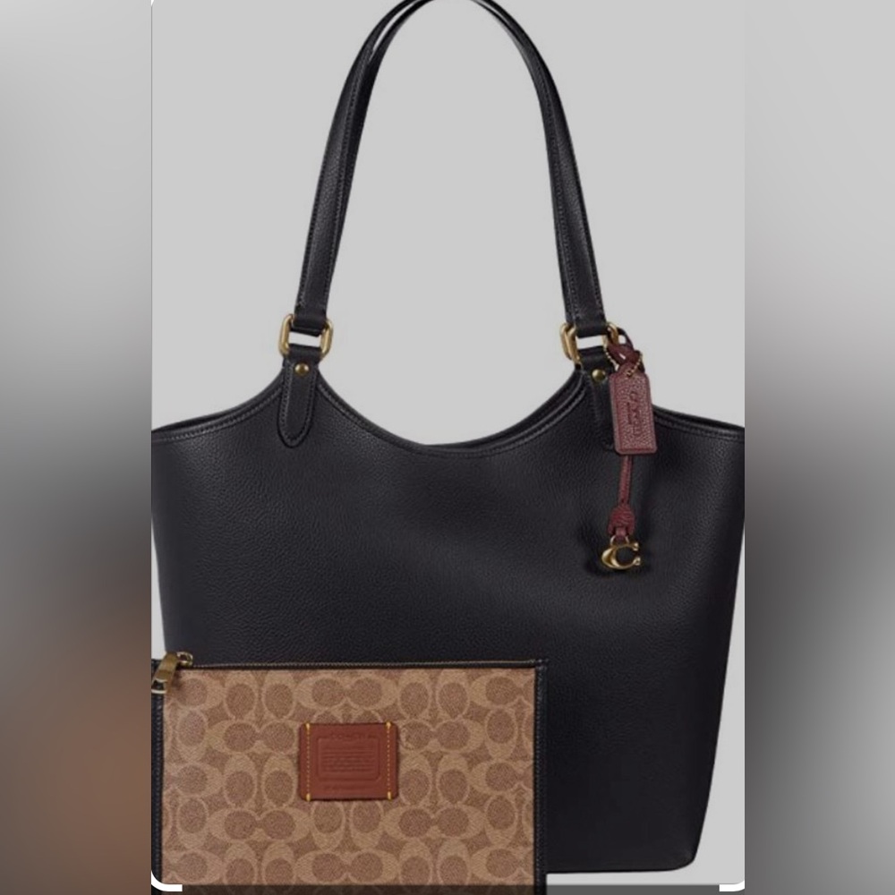 Coach Women's Polished Pebble Leather Day Tote black with insert.